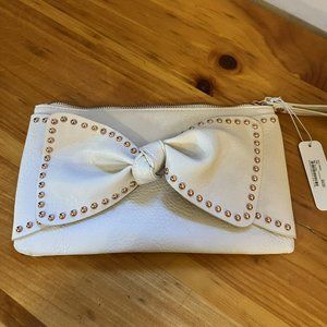 Charming Charlie white with rose gold studs bow clutch purse bag with strap NWT